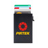A black RFID case containing multiple cards, featuring a logo on the front.
