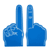 A pair of blue EVA foam hand supporters showing a raised index finger and a hand with a raised pinky.