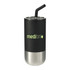 A drink bottle featuring a black outer section, stainless steel base, and a SS straw, along with a logo.