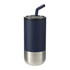 A drink bottle featuring a navy exterior and stainless steel base, complete with a black straw and lid.