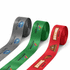 Three 100mm ribbons in grey, green, and red, each featuring logos and text designs.