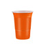 An orange party cup with a white lid, featuring a branded logo.