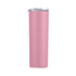 A drink bottle in a soft pink colour, featuring a transparent lid and a stainless steel body. It has a logo on the side.