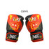 Red and black boxing gloves with unique designs and a logo. Features artistic graphics and a bold colour scheme.