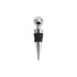 A drink bottle stopper in silver and black, featuring a sleek, pointed design and a spherical top.