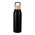 A drink bottle made of black stainless steel with a bamboo lid, featuring a handle for easy carrying.