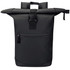 A black roll-top backpack with a secure buckle, featuring a front zipper pocket and sturdy handles on top.