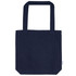 A navy tote bag with dual handles and a rectangular base, featuring a logo on the side.