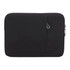 A black laptop sleeve with a zippered pocket, featuring a subtle texture and a branding logo.