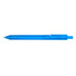 A blue pen with a transparent barrel and a rounded tip. It has a clip for easy attachment.