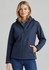 A navy blue soft shell jacket featuring a hood, zip front, and side pockets, worn by a model.