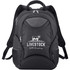 A black laptop backpack with multiple compartments and a logo. Features padded straps and mesh side pockets.