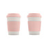 A drink bottle featuring a white bamboo fibre body with a pink silicone lid and matching grip. It has a logo.