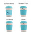 A bamboo fibre coffee cup with a light blue silicone lid and grip, featuring various print options and a logo.