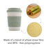 A drink cup made of bamboo fibre and BPA-free polypropylene, featuring a light green silicone lid and sleeve.
