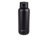 A drink bottle in matte black finish with a black lid and a logo on the front.