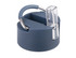 A drink bottle cap in navy blue with a clear spout and a metal loop for attachment. It features a logo.