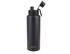 A drink bottle in matte black with a screw cap and a flip-top nozzle. It features a logo on the side.