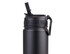 A drink bottle in matte black with a spout and a carrying handle; features a logo on the side.