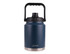 A drink bottle with a dark blue body and a black lid features a sturdy carry handle and branding.