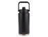 A drink bottle with a black exterior and stainless steel base, featuring a carry handle and a black lid.