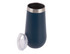 A vacuum champagne flute in navy blue with a stainless steel rim and a transparent lid. It features a logo.