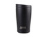 A drink bottle in matte black finish, featuring a lid and an engraved logo.