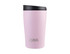 A drink bottle in a soft pink colour with a black lid and a logo.