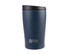 A drink bottle featuring a navy blue finish, a black lid, and a logo. Ideal for travel and insulation.