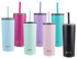 A drink bottle collection featuring eight vacuum tumblers in various pastel colours including blue, pink, green, and black, with straws.