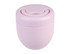 A vacuum food pod in soft pink with a lid featuring a curved opening and a smooth surface. It has a logo on it.