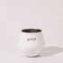 A white, detachable wine glass with a sleek design and a logo on the front.