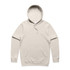 A beige hoodie with a front pocket and a drawstring hood, featuring a logo on one side.