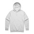 A grey hoodie with a front pocket and a hood, featuring a logo on the front.