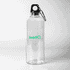 A drink bottle made of clear plastic with a black lid and a carabiner, featuring a logo.