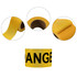 Yellow barrier tape with bold black lettering, displayed in a roll with several close-up views.