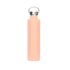 A drink bottle in a soft peach colour with a metal lid and a logo on it.