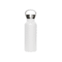 A drink bottle in white with a metal lid and handle, featuring a branding logo on its surface.