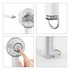 A transparent fan with LED light features a USB-C charging port, a power button, and a silver handle for easy attachment.