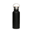 A drink bottle in matte black with a stainless steel body and a bamboo lid, featuring a metal handle.