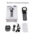 A portable cooling fan in grey with a phone stand, USB cable, and manual inside its packaging.