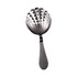 A stainless steel bar strainer with a shell-shaped bowl and a long handle, featuring multiple perforations.