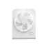 A white mini desk fan featuring a circular grille design and a small power button.