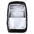 A black backpack with a spacious interior, featuring grey lining and multiple pockets. It includes a branded logo.