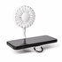 A white rechargeable fan attached to a phone stand, displaying a black smartphone. The fan features a flexible neck.