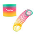 A rainbow-coloured slinky spiral toy with a vibrant gradient from pink to yellow and green. It comes with a branded container.