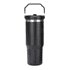 A drink bottle in black with a stainless steel band and a handle. It features a lid for easy access.