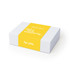 A gift box with a white exterior and a bright yellow band, featuring minimalist text.