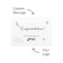 A white card with decorative gold stars and lines, featuring the word "Congratulations!" and a branding logo.