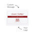 A white card featuring a festive greeting with a red accent and space for a custom message. Includes a logo.